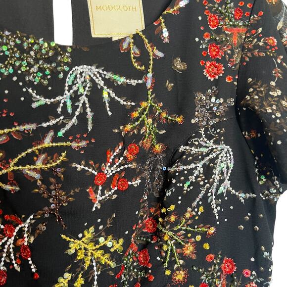 Modcloth Embellished to Perfection Black Floral Beaded Sequin A-Line Midi Dress - Picture 5 of 13